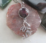Red Garnet Gemstone Silver Dragon Pendant Necklace