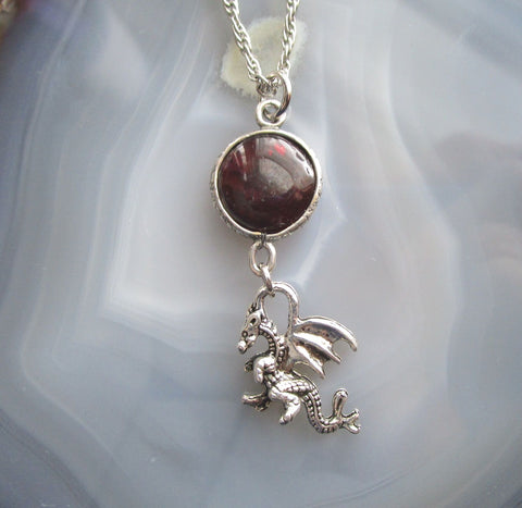 Red Garnet Gemstone Silver Dragon Pendant Necklace