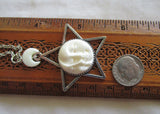 Sun and Moon Face Natural Bone Silver Star Pendant Necklace