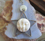 Sun and Moon Face Natural Bone Silver Star Pendant Necklace