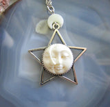 Sun and Moon Face Natural Bone Silver Star Pendant Necklace