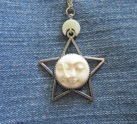 Sun and Moon Face Natural Bone Silver Star Pendant Necklace