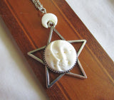 Sun and Moon Face Natural Bone Silver Star Pendant Necklace