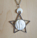 Sun and Moon Face Natural Bone Silver Star Pendant Necklace