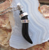 Black Onyx Little Horn Cornicello Wire Wrapped Pendant Necklace