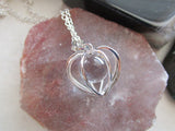 Silver Heart Cage Quartz Crystal Ball Pendant Necklace