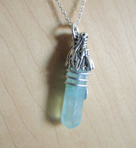 Silver Dragon's Head Green Fluorite Crystal Pendant Necklace