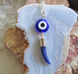 Evil Eye Blue Sodalite Gemstone Horn Pendant Necklace