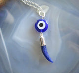 Evil Eye Blue Sodalite Gemstone Horn Pendant Necklace