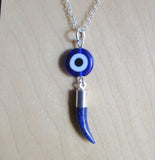 Evil Eye Blue Sodalite Gemstone Horn Pendant Necklace