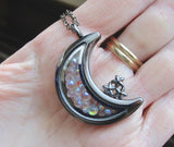 Double Sided Glass and Gunmetal Moon Locket Pendant Necklace