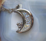 Double Sided Glass and Gunmetal Moon Locket Pendant Necklace