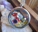 Rainbow Gemstones Double Sided Floating Locket Pendant Necklace