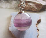 Purple Fluorite Banded Gemstone Crystal Ball Pendant Necklace