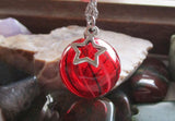 Red Striped Blown Glass Sphere Ornament Pendant Necklace