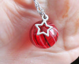 Red Striped Blown Glass Sphere Ornament Pendant Necklace