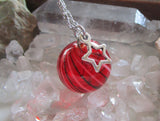 Red Striped Blown Glass Sphere Ornament Pendant Necklace