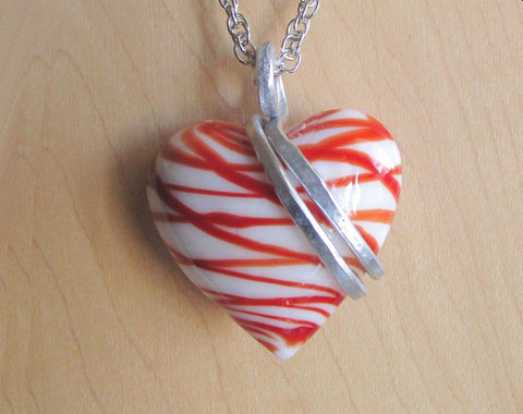 Mended Heart Red and White Lampwork Glass Pendant Necklace