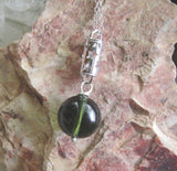 Green Moldavite Crystal Ball Sterling Silver Stars Pendant Necklace