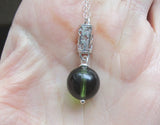 Green Moldavite Crystal Ball Sterling Silver Stars Pendant Necklace