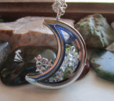 Moldavite and Herkimer Diamonds Double Sided Glass Moon Locket Necklace