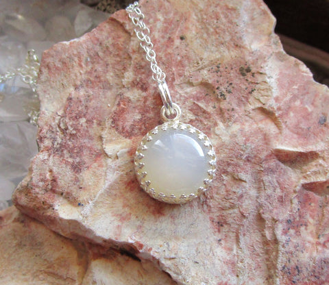 Natural Ivory Moonstone Sterling Silver Crown Pendant Necklace