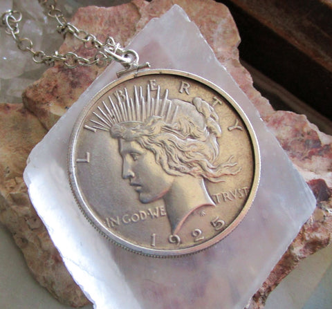 Antique 1925 Peace Dollar Sterling Silver Pendant Necklace