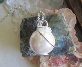 Satin White Czech Glass Pearl Wire Wrapped Pendant Necklace