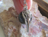 Silver Raven Skull Black Obsidian Sphere Pendant Necklace