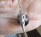 Silver Raven Skull Black Obsidian Sphere Pendant Necklace