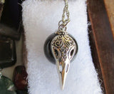 Silver Raven Skull Black Obsidian Sphere Pendant Necklace