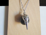 Silver Raven Skull Black Obsidian Sphere Pendant Necklace