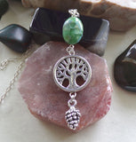 Silver Tree of Life Green Variscite Stone Pendant Necklace