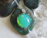 Vaseline Glass Ultraviolet Silver Floral Setting Pendant Necklace