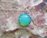 Vaseline Glass Ultraviolet Silver Floral Setting Pendant Necklace