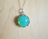 Vaseline Glass Ultraviolet Silver Floral Setting Pendant Necklace