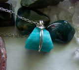 Natural Aqua Blue Amazonite Wire Wrapped Pendant