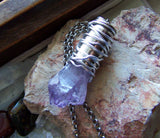 Amethyst Crystal Wire Wrapped Silver Bullet Pendant Necklace