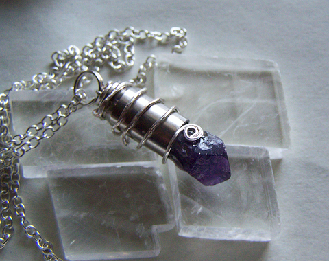 Purple Amethyst Raw Gemstone Silver Bullet Pendant