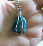 Natural Blue Apatite Crystal Wire Wrapped Pendant Necklace