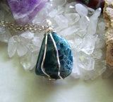 Natural Blue Apatite Crystal Wire Wrapped Pendant Necklace