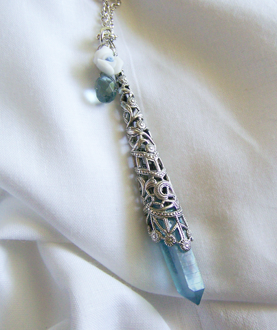 Aqua Aura Quartz Crystal Celtic Filigree Pendant Necklace