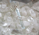 Natural Aquamarine Gemstone Wire Wrapped Crystal Pendant Necklace