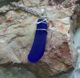 Cobalt Blue Wire Wrapped Natural Beach Glass Pendant Necklace