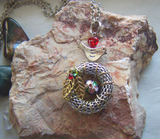 Silver Bird's Nest Cloisonne Egg Red Heart Wreath Pendant