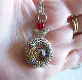 Silver Bird's Nest Cloisonne Egg Red Heart Wreath Pendant