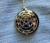 Black Onyx Scrying Glass with Silver Star Pentacle Zodiac Pendant Necklace