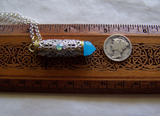 Aqua Blue Crystal Bullet Silver Filigree Pendant Necklace