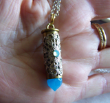 Aqua Blue Crystal Bullet Silver Filigree Pendant Necklace