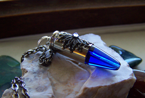 Cobalt Blue Glass Filigree Bullet Jewelry Pendant